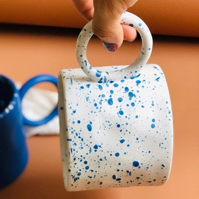 Coffee mug with large handle, Blue/white ceramic mug with dots, hand creased milk mug